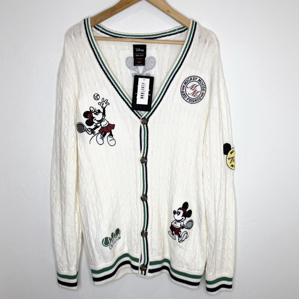 Box Lunch Disney Mickey Country Club Cardigan Sweater Womens Medium Cream Green